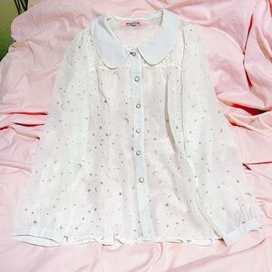 Harajuku Kawaii Jiraikei Sheer White Blouse with Star and Moon Pattern